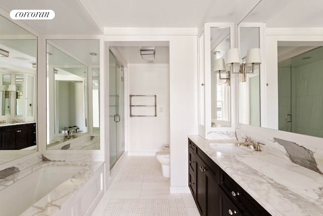 full bathroom featuring a stall shower, visible vents, toilet, tile patterned floors, and a garden tub