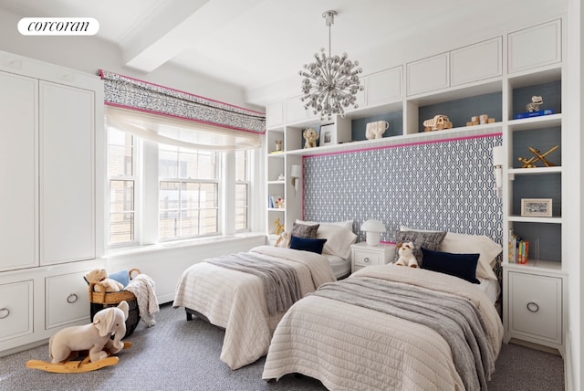 bedroom with visible vents, carpet flooring, and beamed ceiling