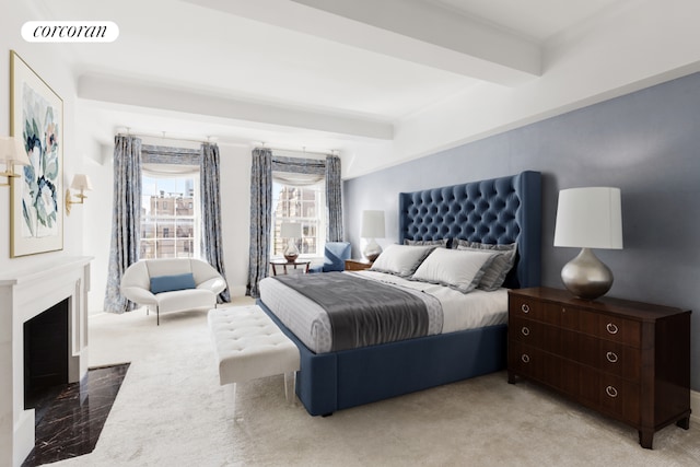 bedroom with beam ceiling and light carpet