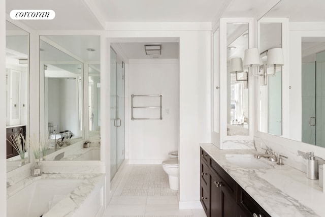 full bathroom featuring crown molding, tile patterned flooring, vanity, plus walk in shower, and toilet