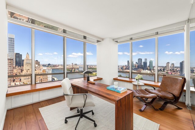 office space featuring a view of city, a wall of windows, and wood finished floors