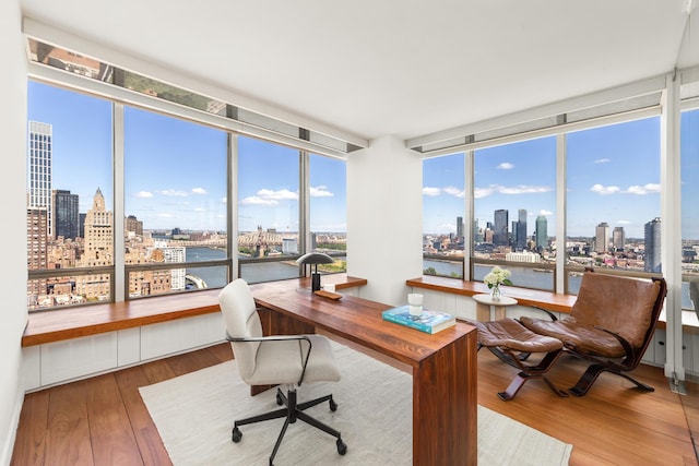 office with a view of city, wood finished floors, and expansive windows