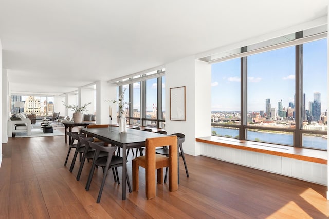 dining room featuring a view of city, a water view, and wood finished floors