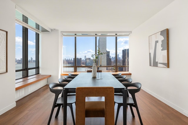 dining space featuring a city view, a wall of windows, baseboards, and wood finished floors