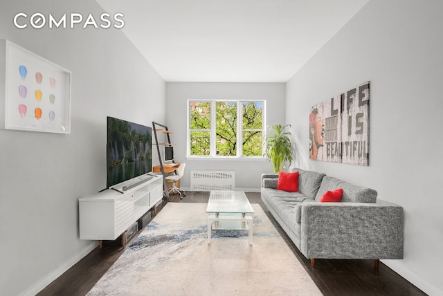 living room featuring dark hardwood / wood-style flooring and radiator heating unit