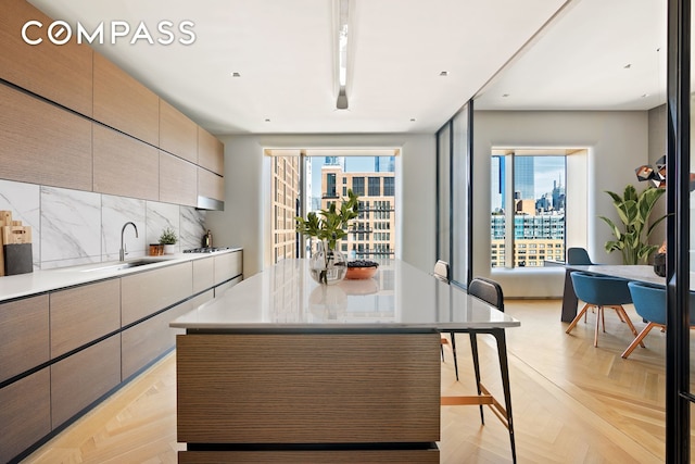 kitchen with plenty of natural light, tasteful backsplash, modern cabinets, and a sink