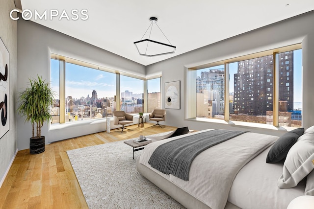 bedroom featuring a city view and wood finished floors