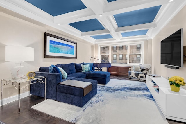 living room featuring wood finished floors, baseboards, coffered ceiling, beam ceiling, and crown molding