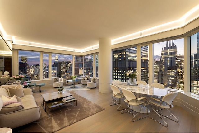 living room featuring a view of city, decorative columns, and wood finished floors