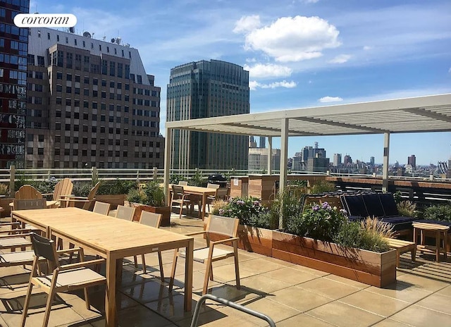 view of patio / terrace with a view of city, outdoor dining area, fence, and a pergola