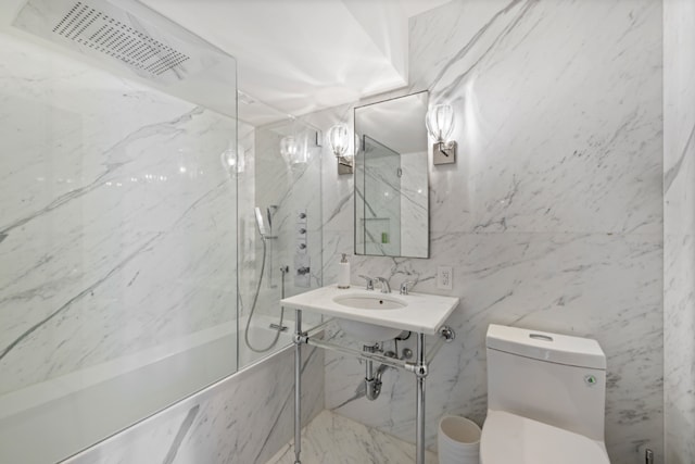 full bath with a combined bath / shower with marble appearance, visible vents, tile walls, and toilet