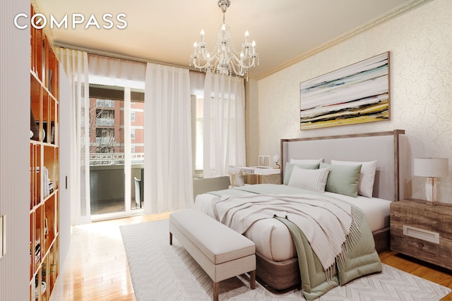 bedroom with wallpapered walls, an inviting chandelier, wood finished floors, and ornamental molding