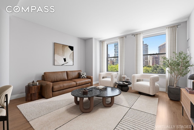 living room featuring a view of city, baseboards, and wood finished floors