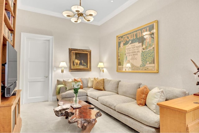 living room with crown molding, a chandelier, and light carpet