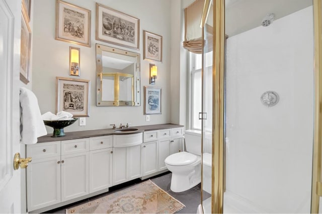 bathroom with vanity, toilet, and walk in shower