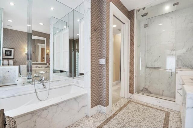 bathroom featuring plus walk in shower