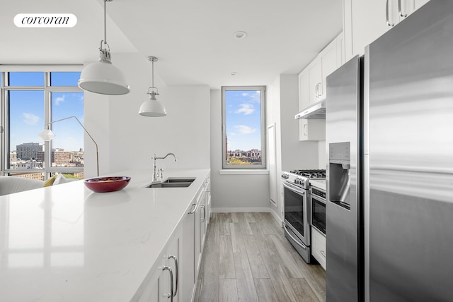 kitchen with stainless steel appliances, visible vents, light wood-style floors, a sink, and under cabinet range hood