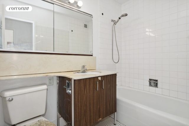 full bathroom with visible vents, toilet, shower / bathtub combination, tile patterned floors, and vanity