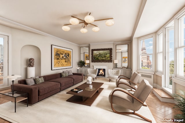 living area with a warm lit fireplace, ornamental molding, and radiator heating unit