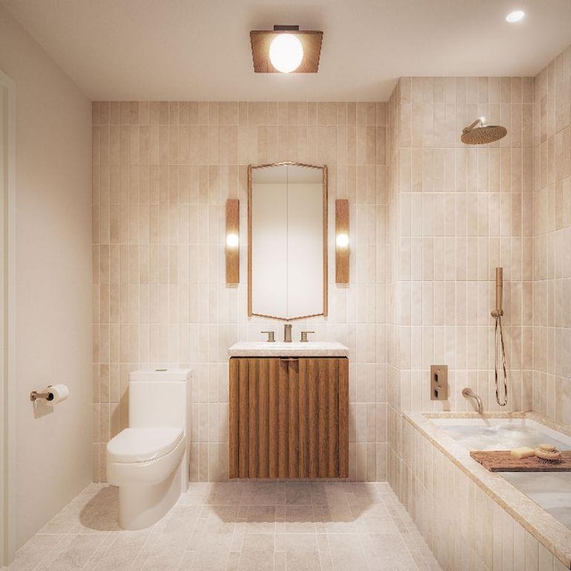 bathroom featuring vanity, tile walls, tile patterned floors, and toilet