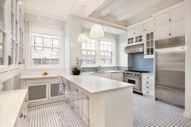 bedroom featuring multiple windows, a notable chandelier, beam ceiling, and ornamental molding