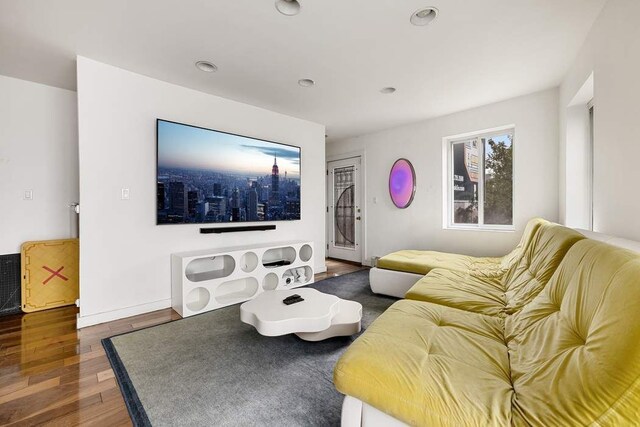 home theater featuring dark wood-type flooring