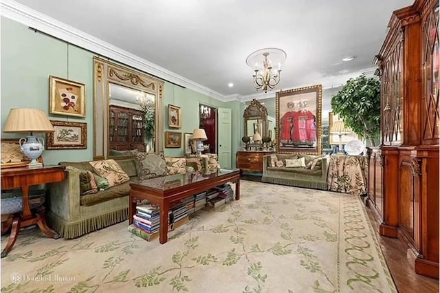 sitting room with ornamental molding and an inviting chandelier