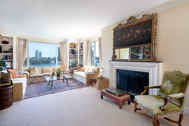 sitting room with ornamental molding and carpet flooring