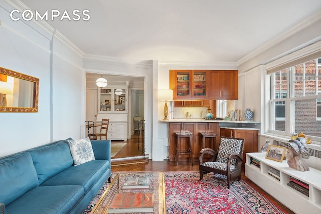 living room featuring ornamental molding and dark hardwood / wood-style floors