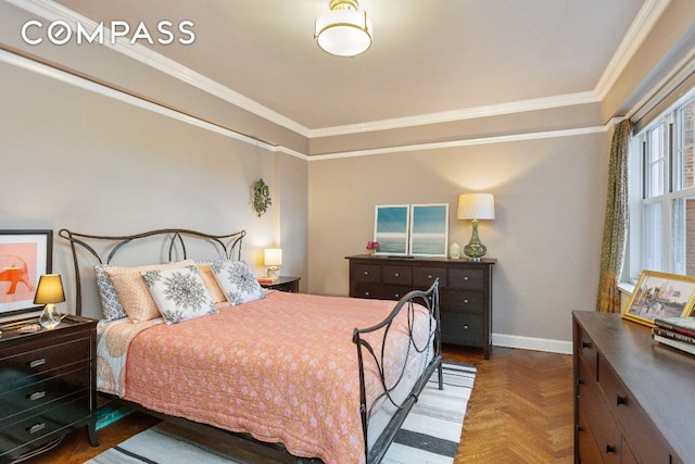 bedroom featuring parquet floors and ornamental molding