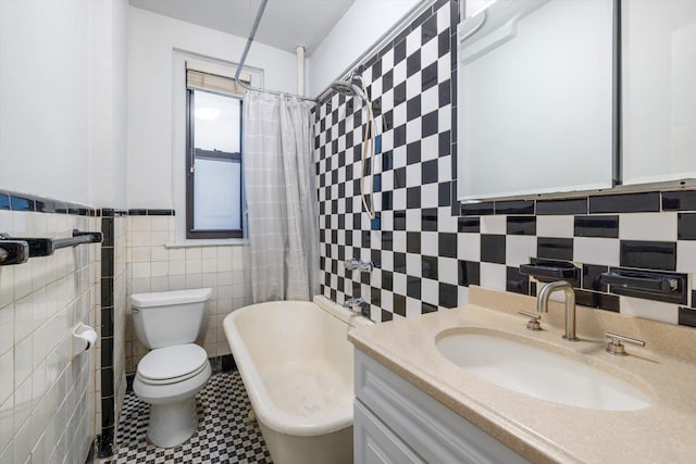 full bath featuring curtained shower, toilet, a bath, tile walls, and vanity