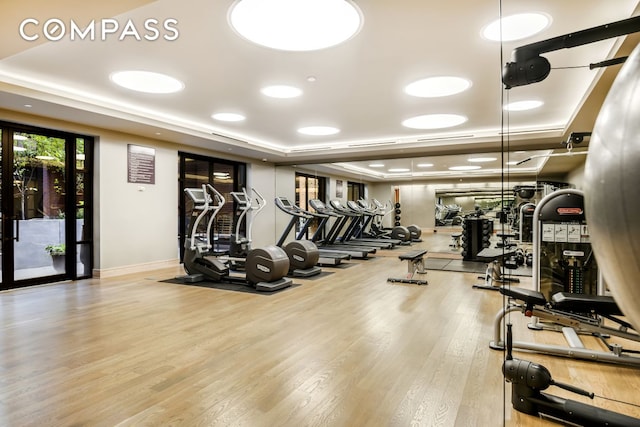 workout area with baseboards, a tray ceiling, and wood finished floors