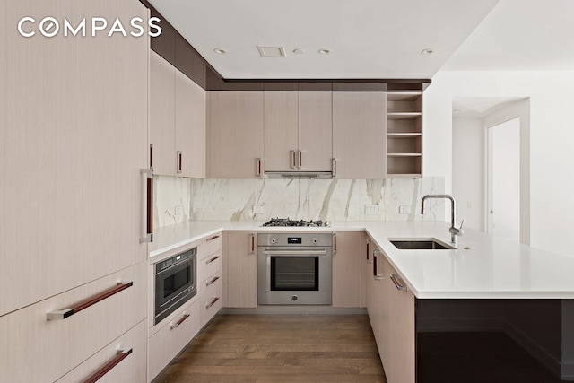 kitchen featuring wood finished floors, a peninsula, stainless steel appliances, open shelves, and a sink