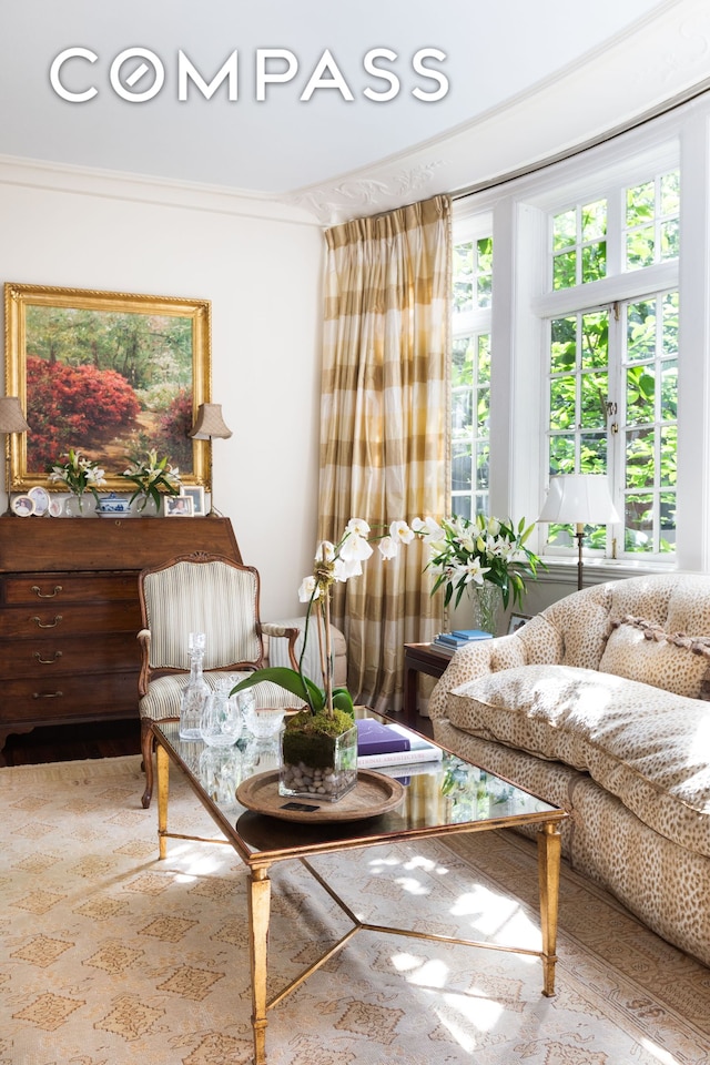 living area featuring crown molding