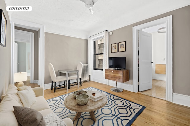 living room featuring wood-type flooring and a textured ceiling