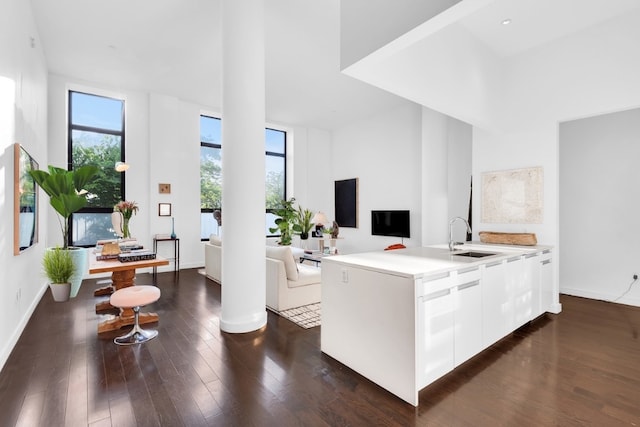 kitchen featuring white cabinetry, dark wood-type flooring, sink, and a kitchen island with sink