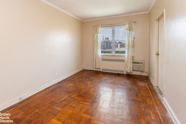 empty room with radiator, crown molding, and dark parquet floors