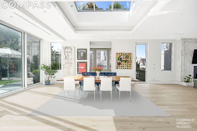 unfurnished dining area featuring plenty of natural light, a tray ceiling, and light wood-type flooring