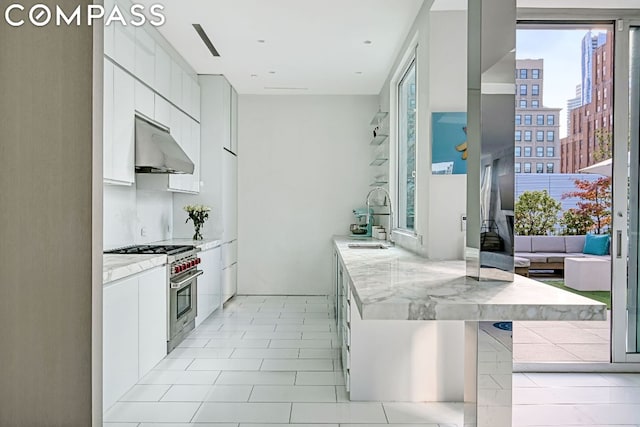53 Leonard St Ph, Ph, New York City, NY 10013 - kitchen featuring high end stove, under cabinet range hood, white cabinets, and light stone counters