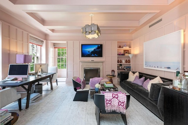 living room featuring a notable chandelier, crown molding, built in features, and beamed ceiling