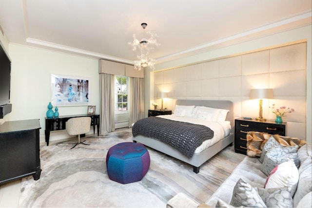 bedroom featuring crown molding, a chandelier, and baseboard heating