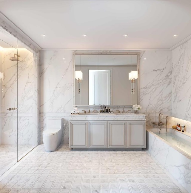 bathroom featuring vanity, tile walls, walk in shower, and toilet