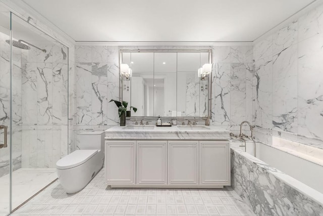 full bathroom featuring ornamental molding, separate shower and tub, tile walls, and vanity