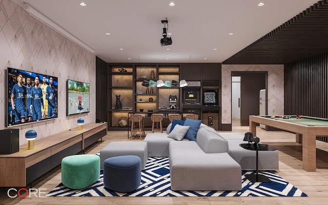 playroom featuring light wood-type flooring and billiards