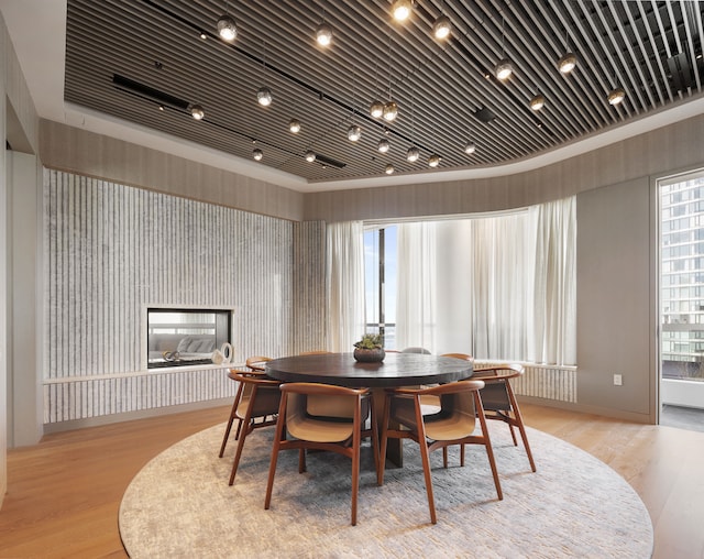 dining area with a glass covered fireplace, rail lighting, and light wood-style flooring