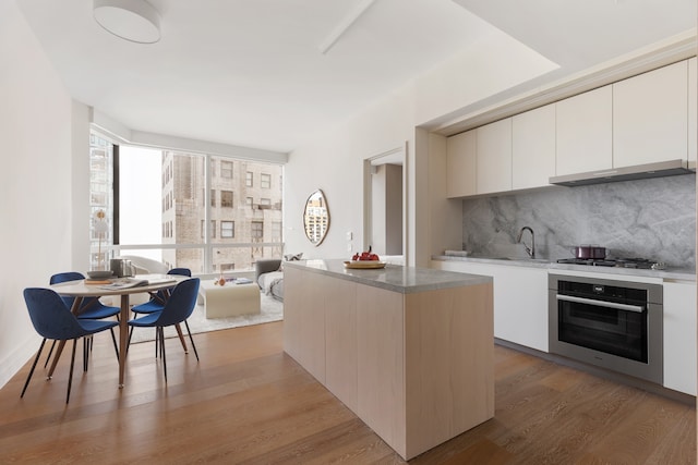 kitchen with decorative backsplash, modern cabinets, appliances with stainless steel finishes, wood finished floors, and under cabinet range hood