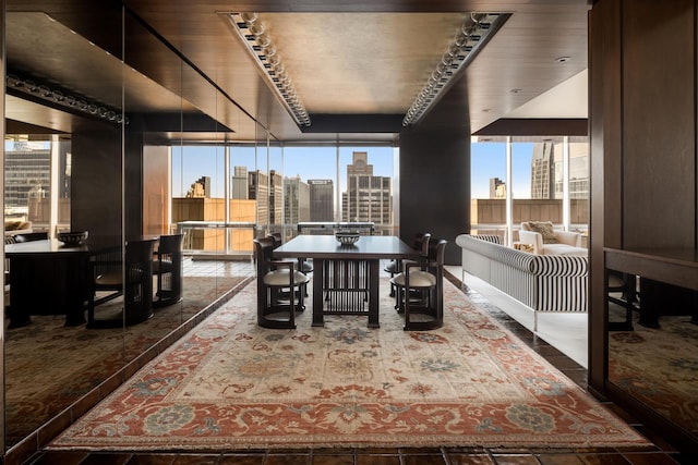 dining space featuring a view of city