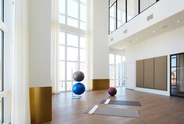 workout room featuring hardwood / wood-style floors and a high ceiling