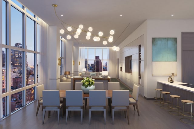 dining space featuring dark hardwood / wood-style flooring and floor to ceiling windows