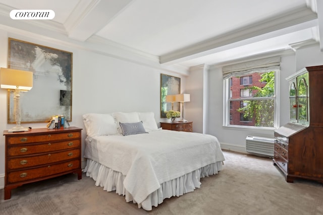 bedroom with ornamental molding, carpet flooring, beamed ceiling, and visible vents